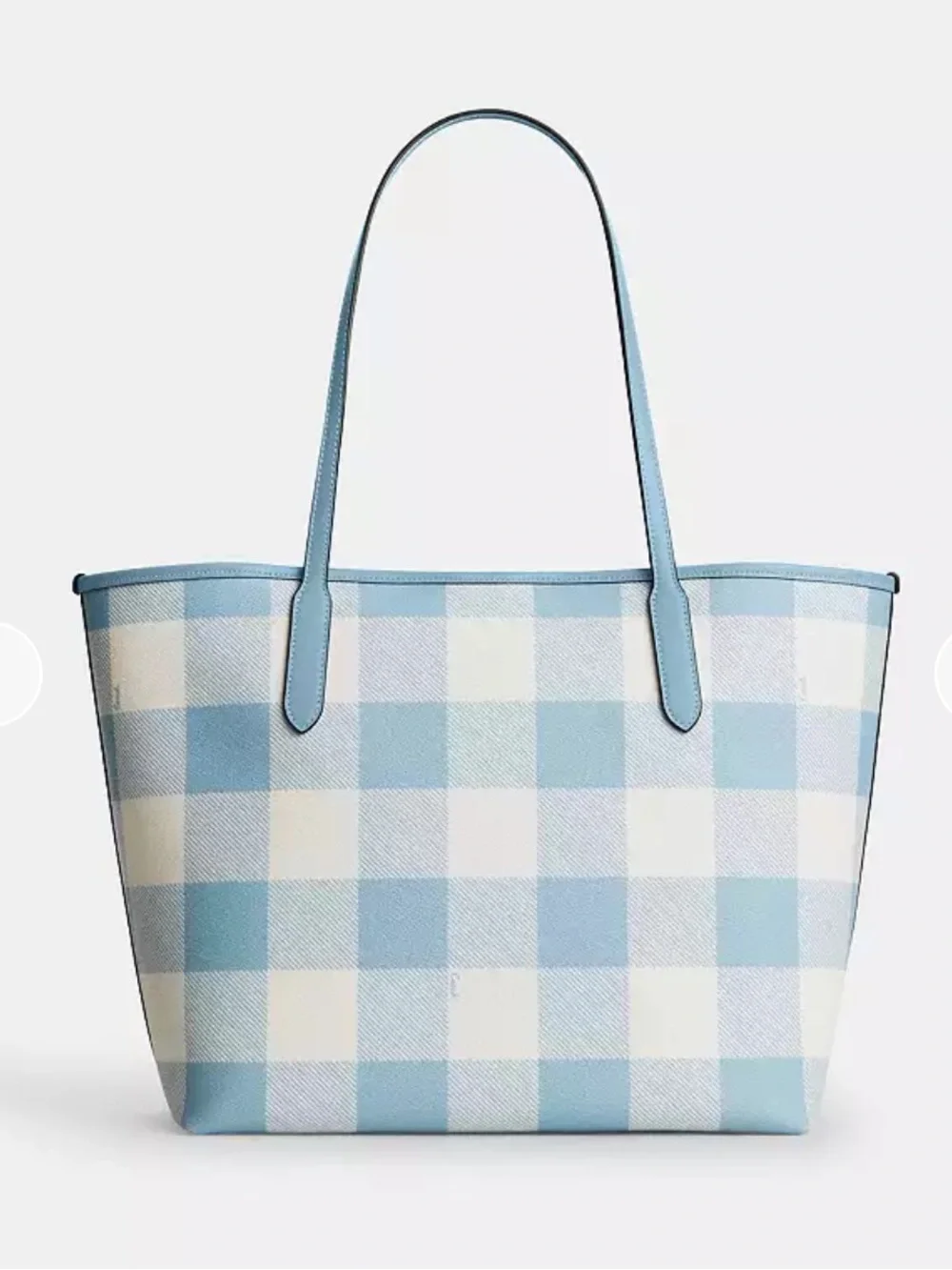 Coach Medium City Tote Bag: Blue & White Gingham Print With Cherry Bag Charm